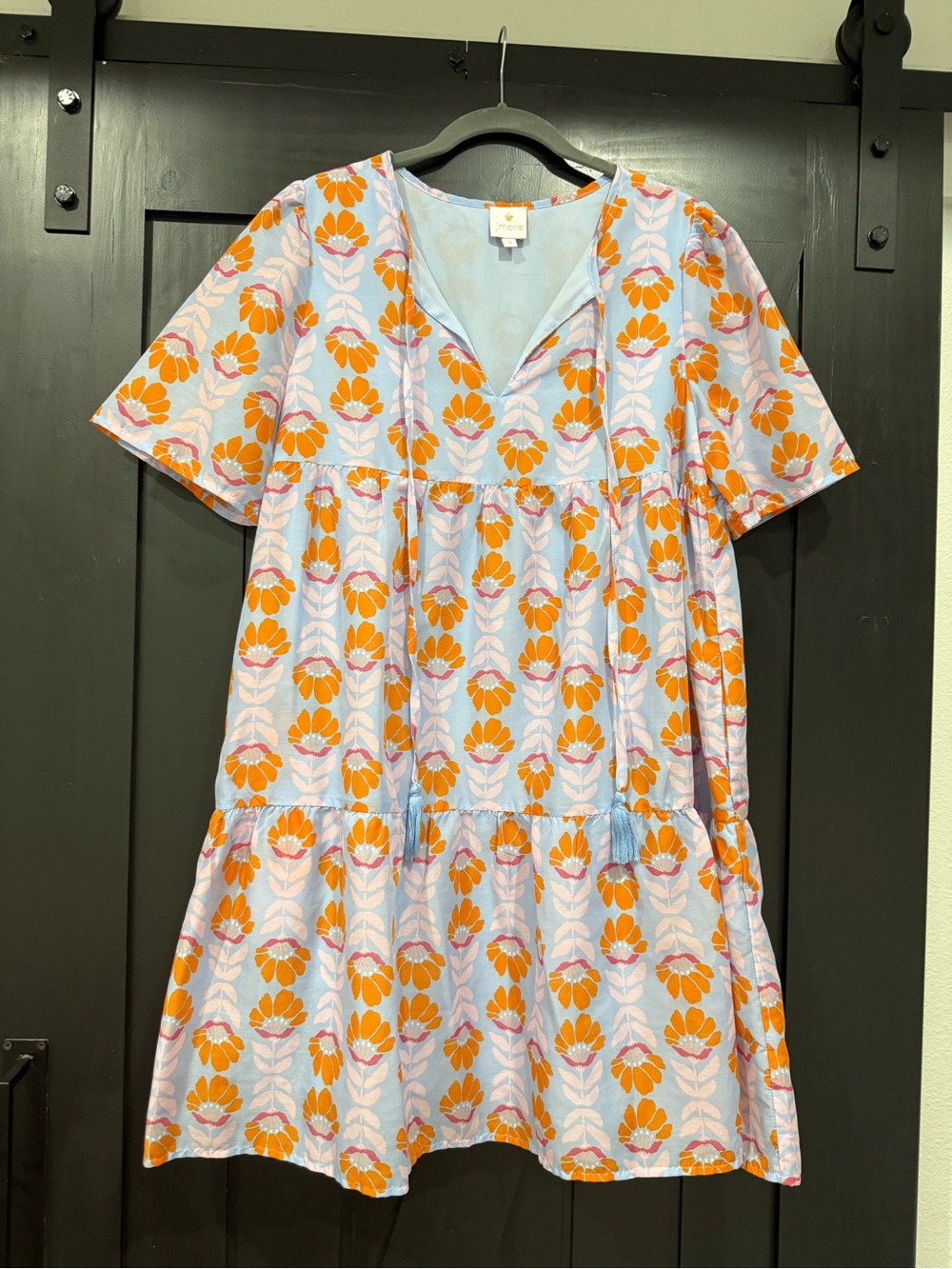 J. Marie Sky Blue Floral Tiered Dress with Orange Motif